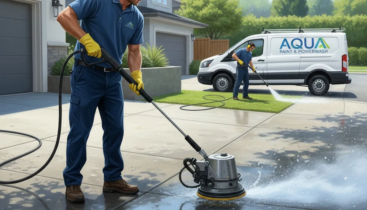 Milwaukee, WI crew pressure cleaning concrete driveway to remove stains and buildup